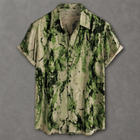 A short-sleeve button-up shirt with a green and beige abstract leaf-like print, displayed flat against a textured gray background.