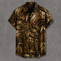 A short-sleeve button-up shirt with a brown and black tiger-stripe pattern, displayed flat against a textured gray background.