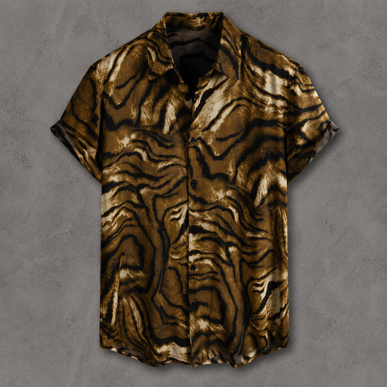 A short-sleeve button-up shirt with a brown and black tiger-stripe pattern, displayed flat against a textured gray background.