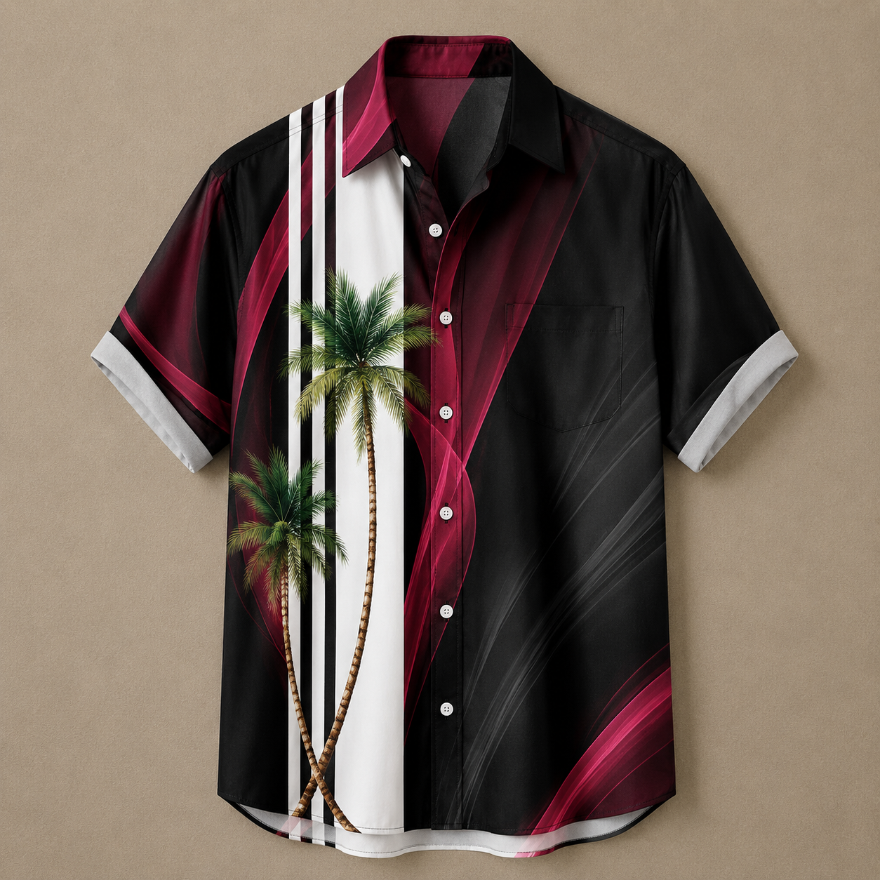 A short-sleeve button-up camp shirt with a black base, deep magenta and burgundy abstract stripes, a white vertical stripe panel, and a graphic of two palm trees, displayed on a neutral tan background.