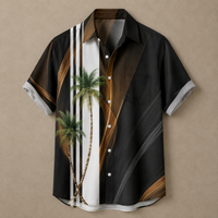 A short-sleeve button-up camp shirt with a complex graphic print featuring two palm trees, vertical white stripes, brown and gold abstract shapes, and a white center panel, displayed against a neutral beige background.