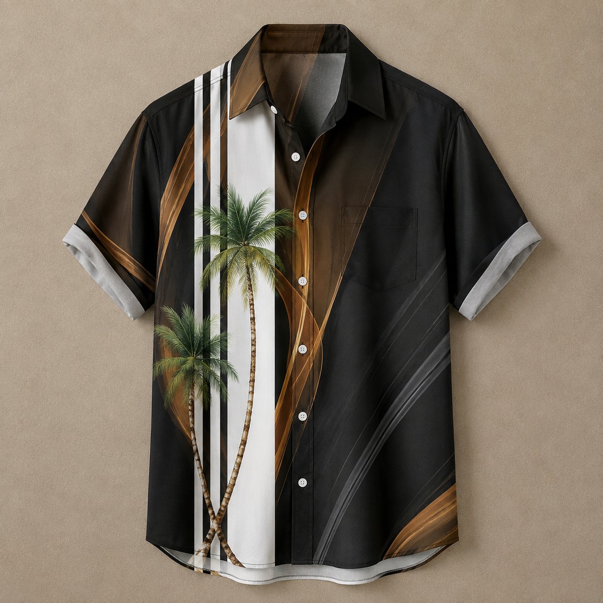 A short-sleeve button-up camp shirt with a complex graphic print featuring two palm trees, vertical white stripes, brown and gold abstract shapes, and a white center panel, displayed against a neutral beige background.