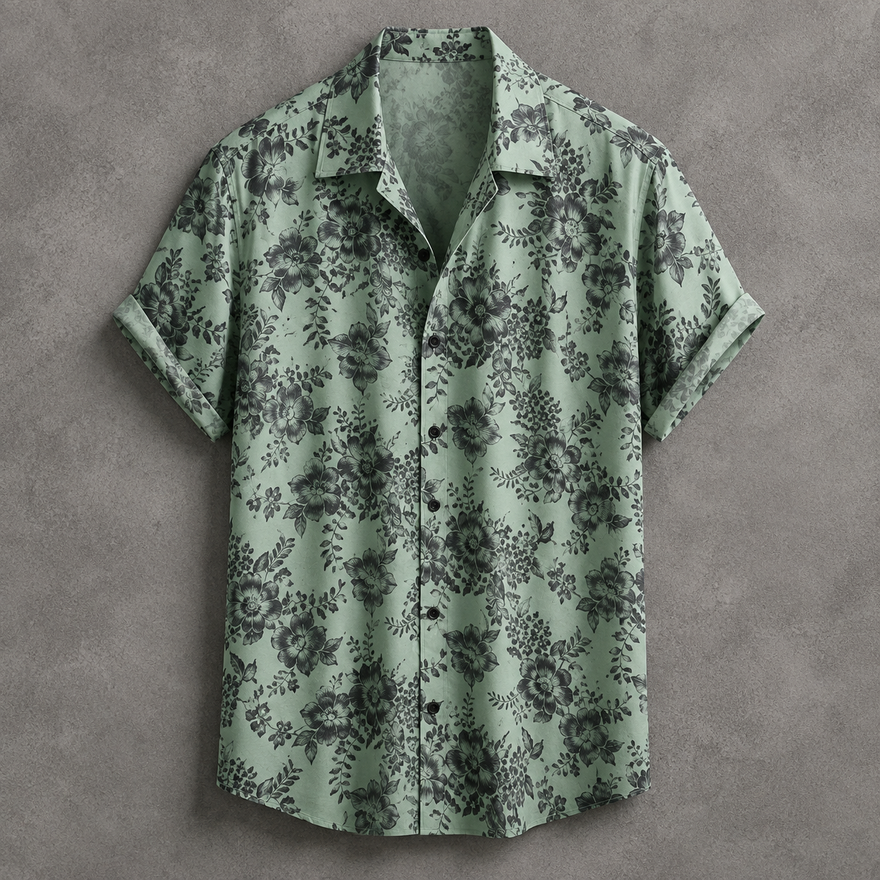 A short-sleeve button-up camp shirt in sage green with a dark gray floral pattern, laid flat on a textured gray background.