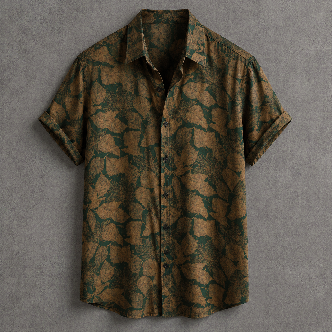 A short-sleeve button-up shirt with an abstract organic leaf-like pattern in dark green and brown, displayed flat against a textured gray background.