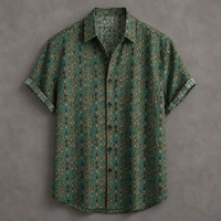 A short-sleeve button-up shirt with a dense, small-scale geometric and floral pattern in teal green, brown, and black, laid flat against a textured gray background.