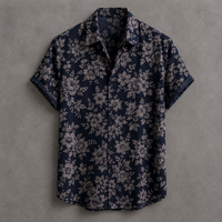 A short-sleeve button-up shirt with a dark navy blue base and an all-over light beige floral pattern, displayed flat against a textured gray background.
