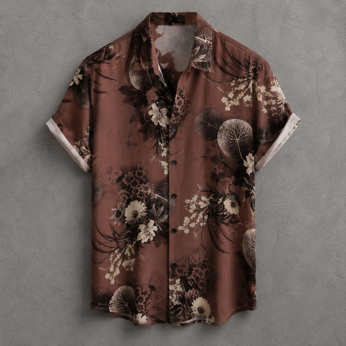 A short-sleeve button-up shirt with a brown, beige, and black floral and botanical print, displayed flat against a textured gray background.