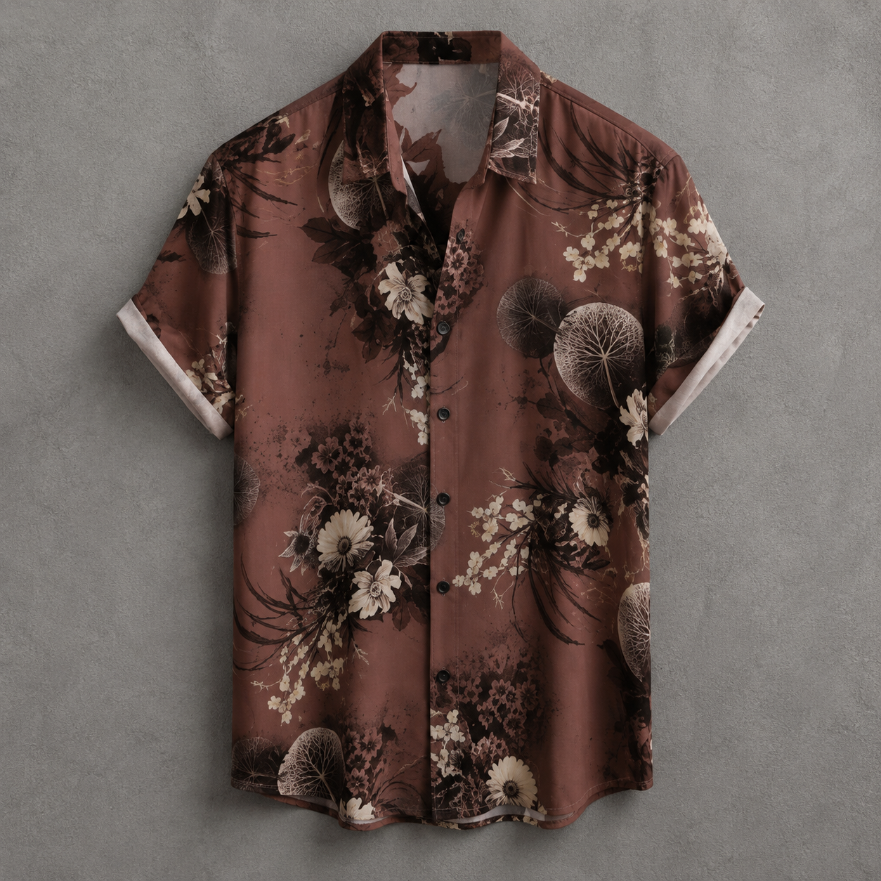A short-sleeve button-up shirt with a brown, beige, and black floral and botanical print, displayed flat against a textured gray background.