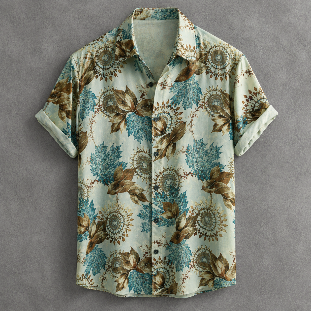 A short-sleeve button-up shirt with a light beige background and an all-over botanical pattern featuring blue-green leaves and brown floral motifs, laid flat against a textured gray background.