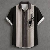A short-sleeve button-up shirt with vertical stripes in black, dark brown, and light beige, featuring a black music note and ink splatter graphic on the right side, displayed against a textured gray background.