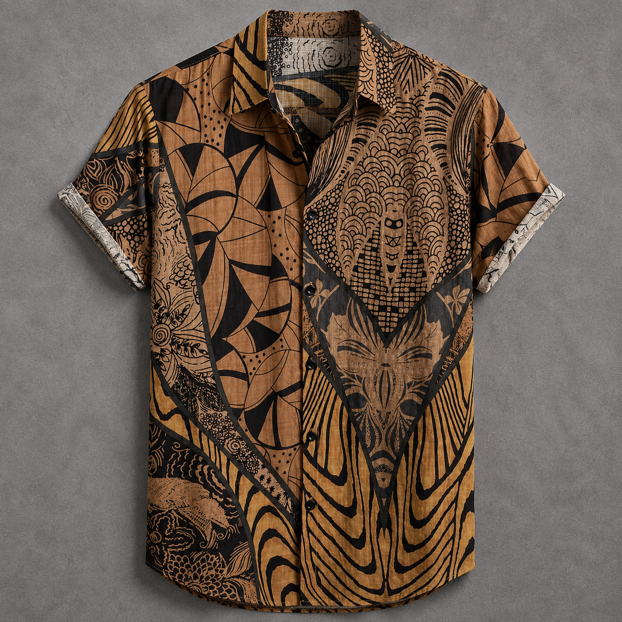 A short-sleeve button-up shirt with a complex, high-contrast graphic print featuring stylized faces, tribal patterns, and geometric shapes in black, brown, and tan, displayed flat against a textured gray background.