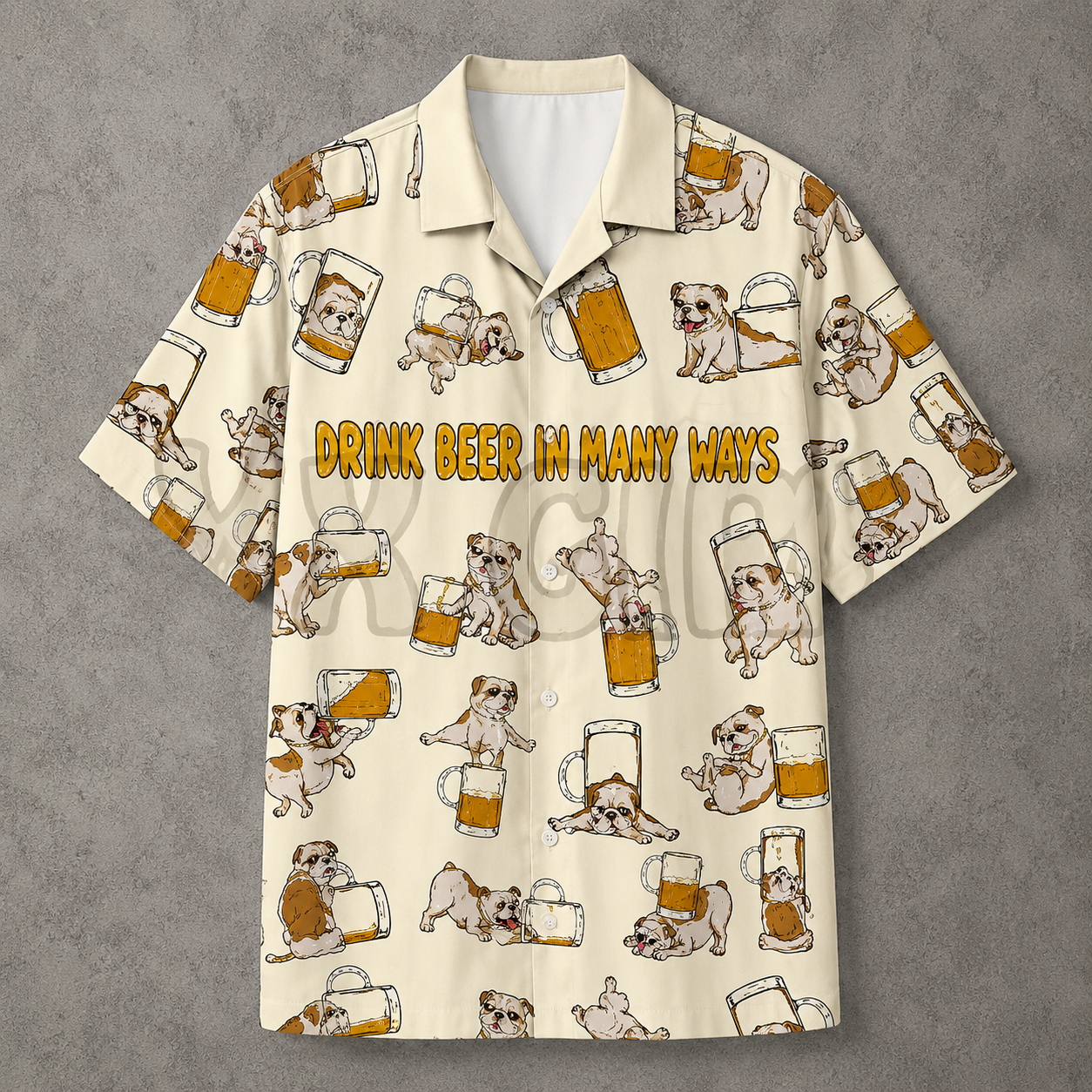 A short-sleeve button-up camp shirt with a cream background, featuring a repeating pattern of bulldog illustrations holding beer mugs and the text 'DRINK BEER IN MANY WAYS' across the chest. The shirt is displayed flat against a textured gray background.