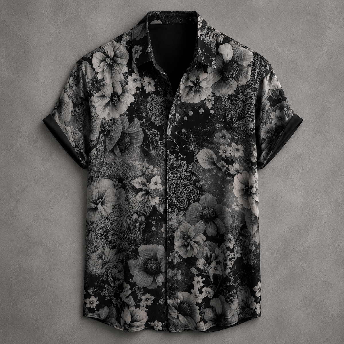 A short-sleeve button-up shirt with a black and gray floral and paisley pattern, laid flat against a textured gray background.