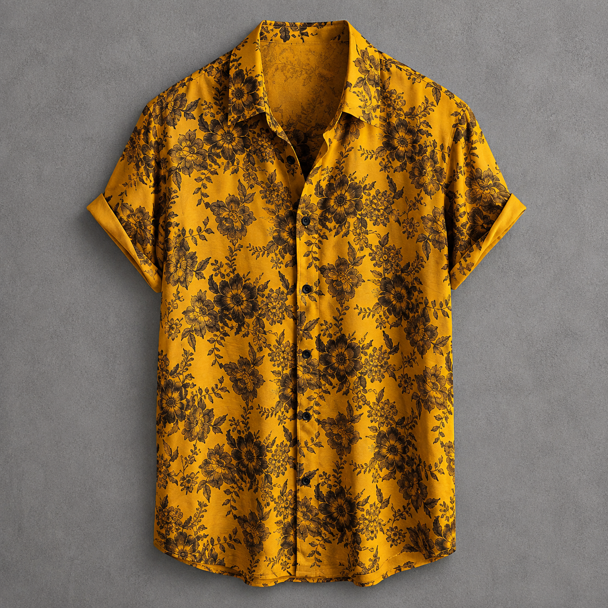 A short-sleeve button-up shirt in mustard yellow with a black floral and sunburst pattern, displayed flat against a textured gray background.