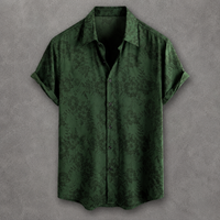 A dark green short-sleeve button-up shirt with a subtle tonal damask pattern, displayed flat against a textured gray background.