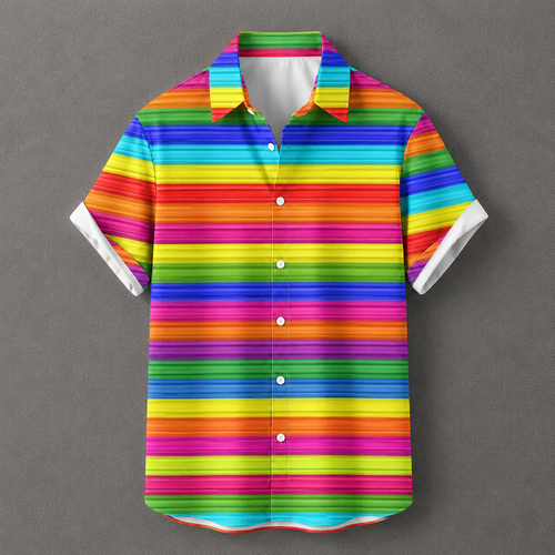 A short-sleeve button-up shirt with a vibrant rainbow striped pattern, featuring white button details and white inner collar lining, displayed against a solid gray background.