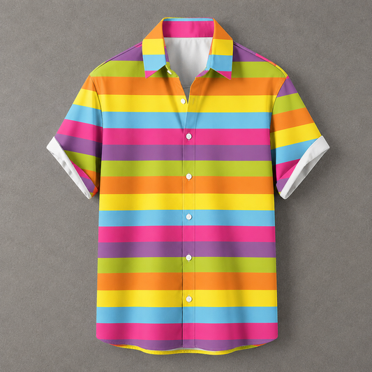 A short-sleeve button-up shirt with vibrant horizontal stripes in pink, orange, yellow, light blue, lime green, and purple, displayed against a neutral gray background.