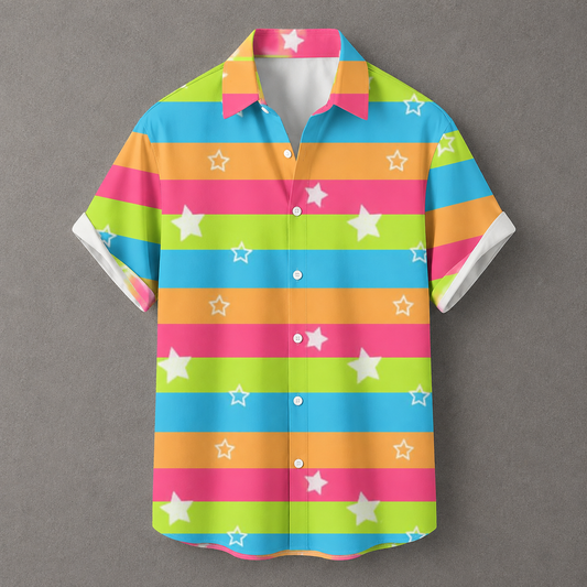 A short-sleeve button-up camp shirt with a colorful horizontal stripe pattern in pink, orange, yellow, and blue, accented with white stars, shown against a neutral gray background.