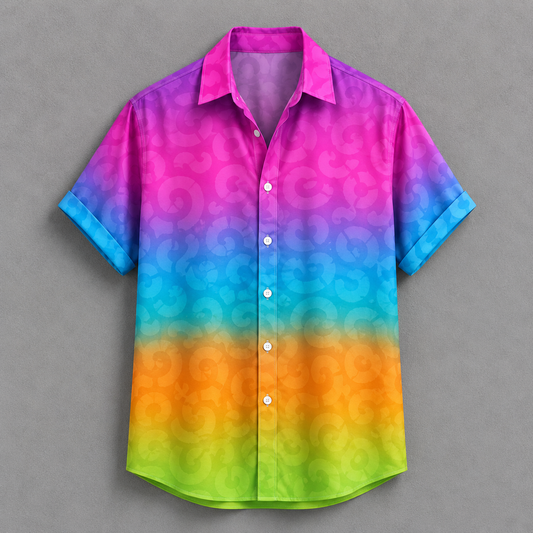 A short-sleeve button-up shirt with a vibrant rainbow gradient and a subtle circular pattern, displayed flat against a neutral gray background.