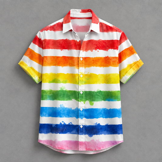 A short-sleeve button-up shirt with horizontal rainbow watercolor stripes in red, orange, yellow, green, blue, and pink on a white base, shown against a neutral gray background.