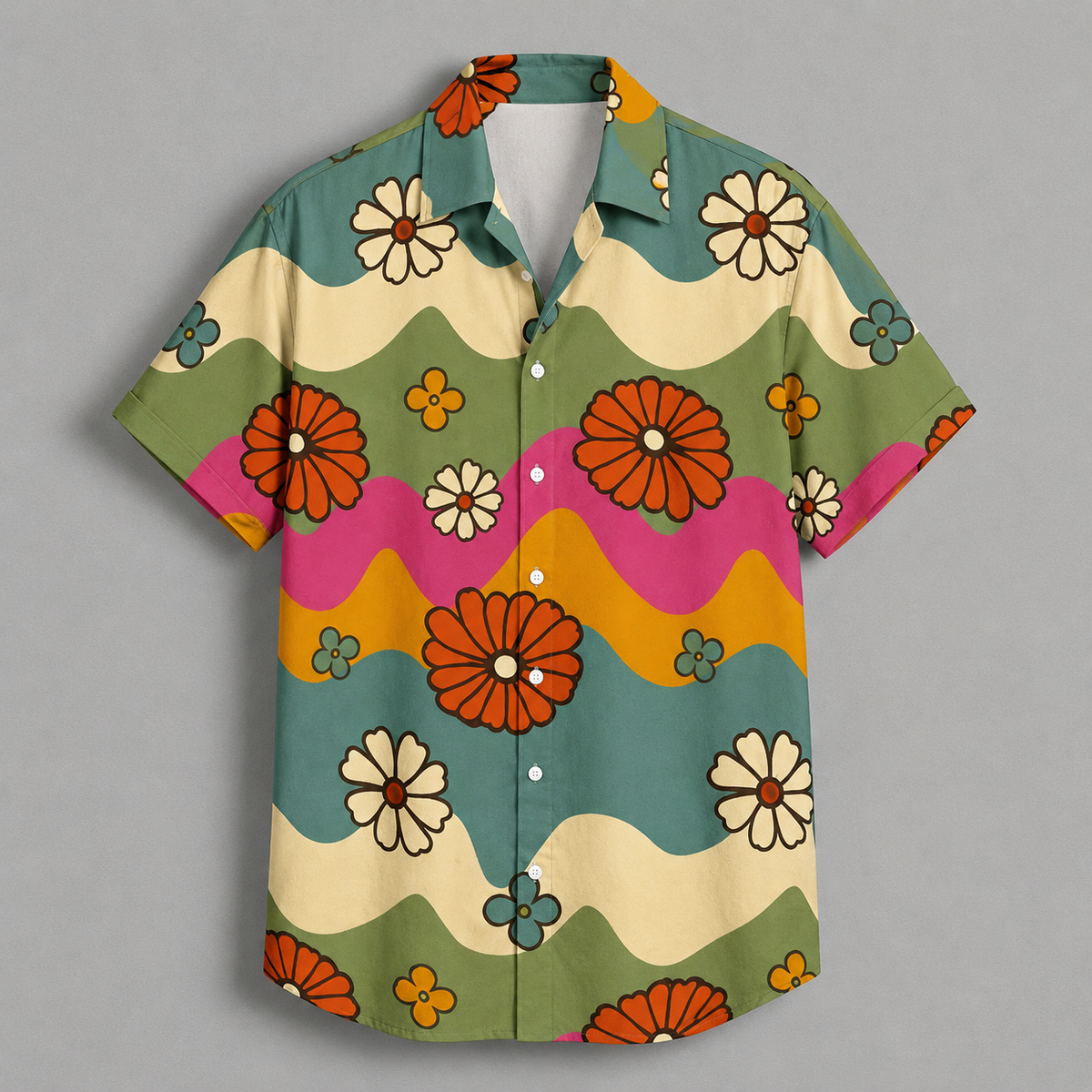 A short-sleeve button-up shirt with a retro 70s floral pattern, featuring wavy stripes of olive green, cream, pink, and mustard yellow, decorated with orange, white, and blue flowers, shown flat on a gray background.