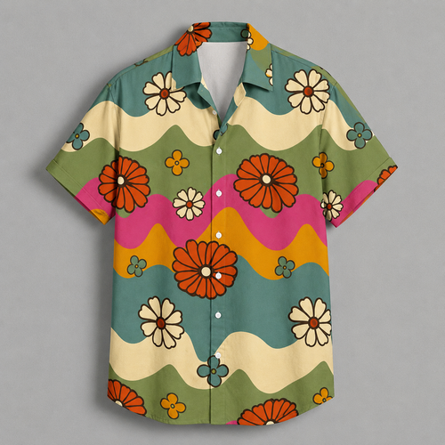 A short-sleeve button-up shirt with a retro 70s floral pattern, featuring wavy stripes of olive green, cream, pink, and mustard yellow, decorated with orange, white, and blue flowers, shown flat on a gray background.