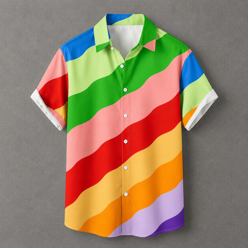 A short-sleeve button-up camp shirt with a vibrant rainbow stripe pattern, displayed flat against a neutral gray background.