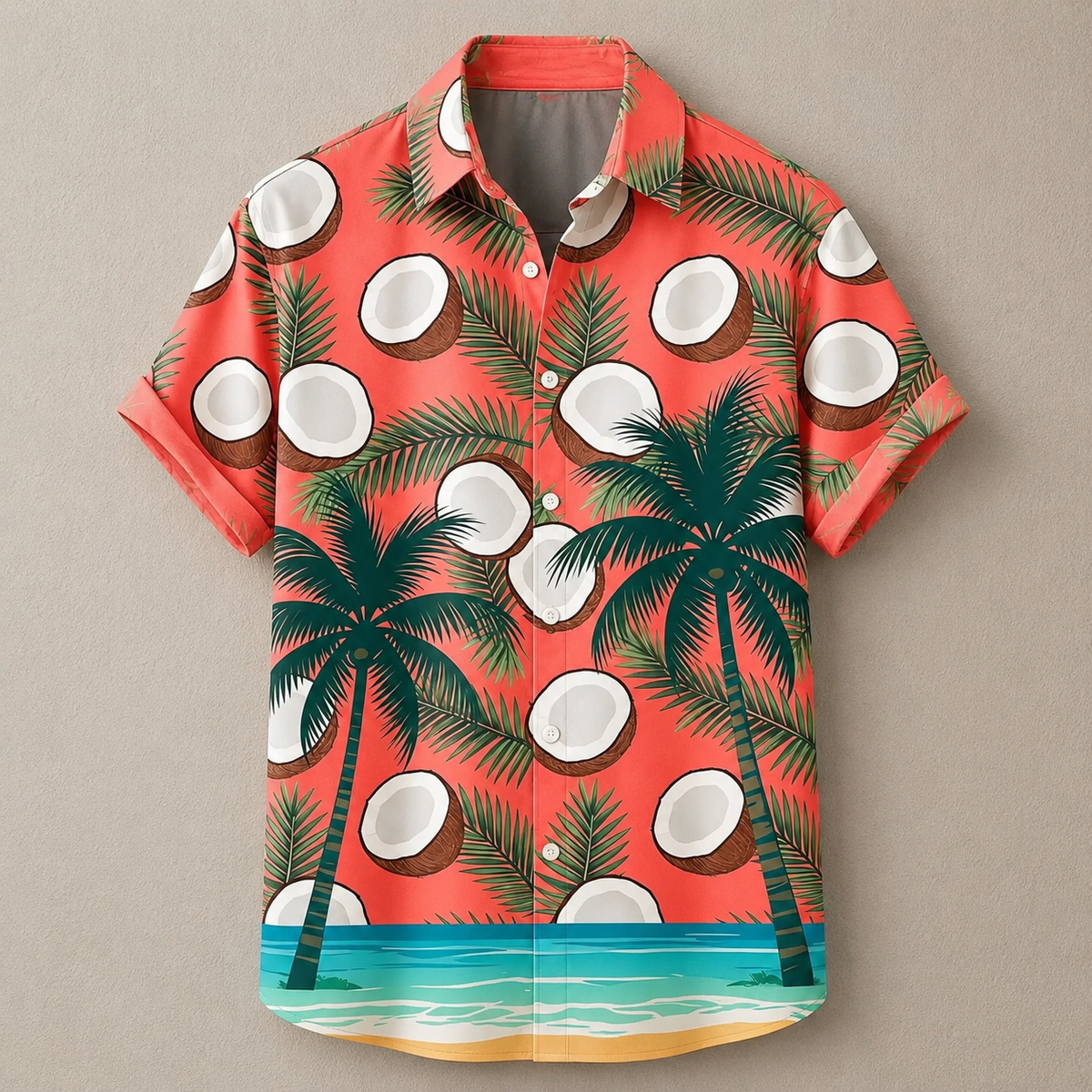 A short-sleeve button-up camp shirt with a vibrant coral-red background, featuring a tropical print of green palm trees, white coconuts, and a beach scene at the bottom, displayed flat against a neutral gray background.