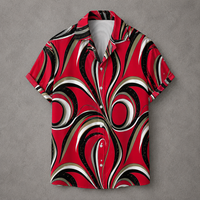 A short-sleeve button-up camp shirt with a bold retro swirl pattern in red, black, white, and beige, laid flat on a textured gray background.