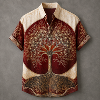 A short-sleeve button-up shirt with a detailed tree of life graphic, featuring a deep red and beige design with ornate gold patterns, displayed against a textured gray background.
