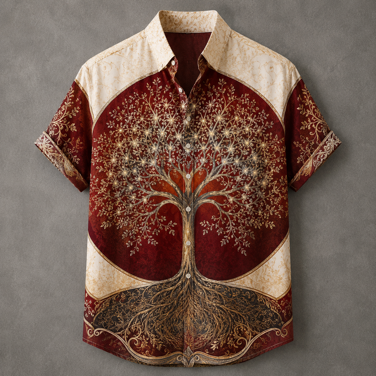 A short-sleeve button-up shirt with a detailed tree of life graphic, featuring a deep red and beige design with ornate gold patterns, displayed against a textured gray background.
