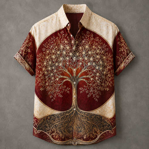 A short-sleeve button-up shirt with a detailed tree of life graphic, featuring a deep red and beige design with ornate gold patterns, displayed against a textured gray background.