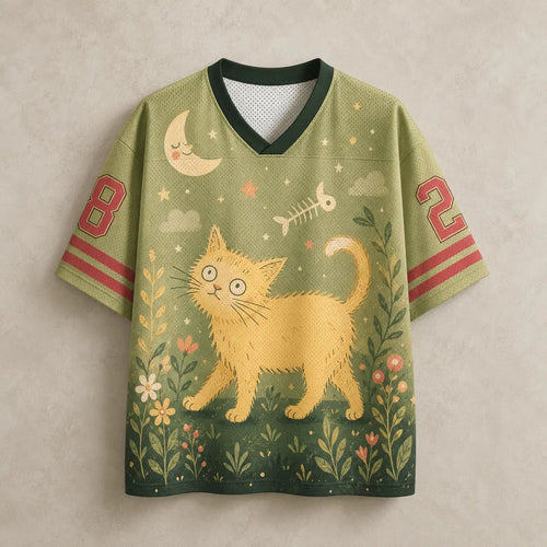 Curious Cat Moon Jersey Shirt Cherry Blossom Fishbone Chaosbornwear