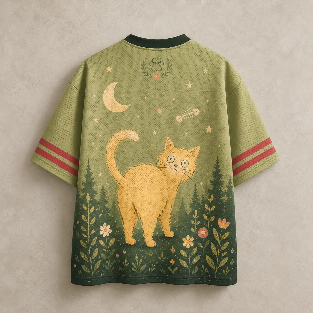 Curious Cat Moon Jersey Shirt Cherry Blossom Fishbone Chaosbornwear