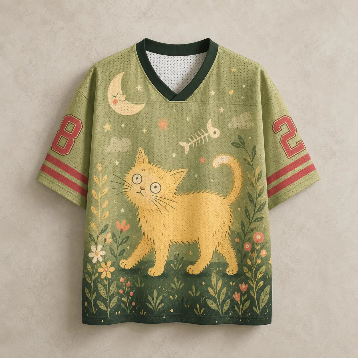 Curious Cat Moon Jersey Shirt Cherry Blossom Fishbone Chaosbornwear