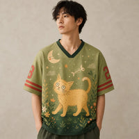 Curious Cat Moon Jersey Shirt Cherry Blossom Fishbone Chaosbornwear