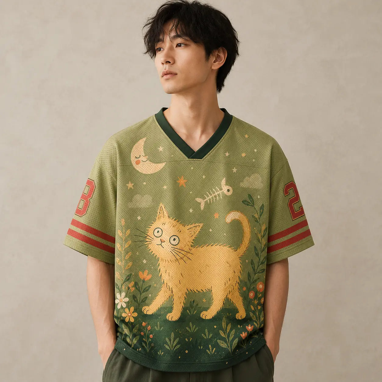 Curious Cat Moon Jersey Shirt Cherry Blossom Fishbone Chaosbornwear