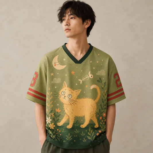 Curious Cat Moon Jersey Shirt Cherry Blossom Fishbone Chaosbornwear