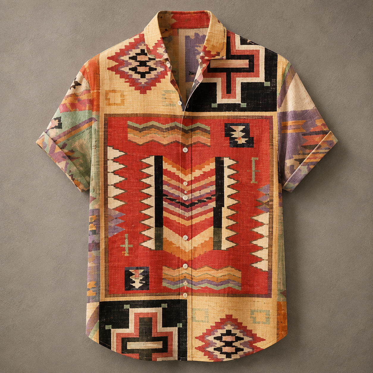 A short-sleeve button-up shirt with a vibrant Southwestern geometric pattern in red, orange, beige, black, and purple, laid flat on a textured gray background.