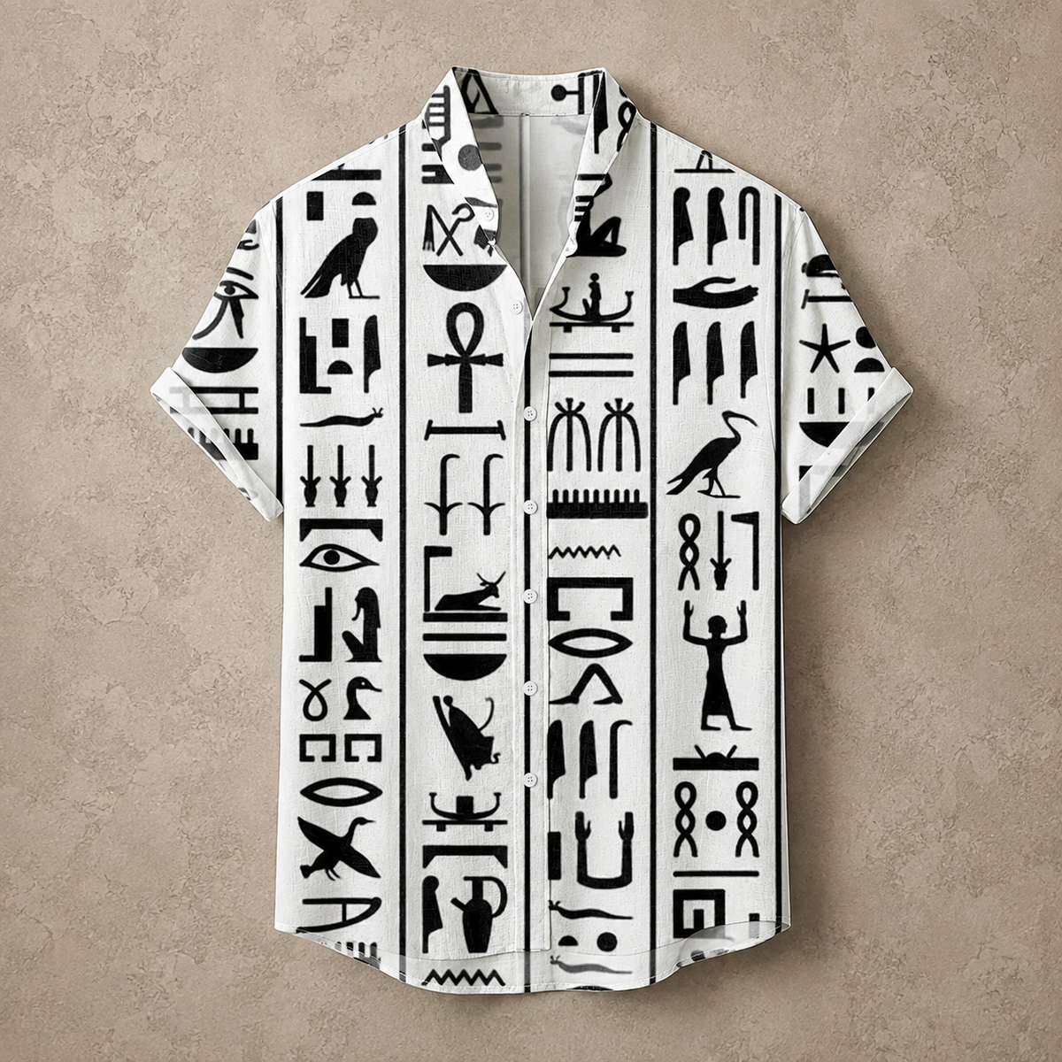 Egyptian Hieroglyphic Shirt, Black Ivory Symbol Button Up, Mens Pattern Shirt, Vintage Summer Festival Holiday Shirt Chaosbornwear