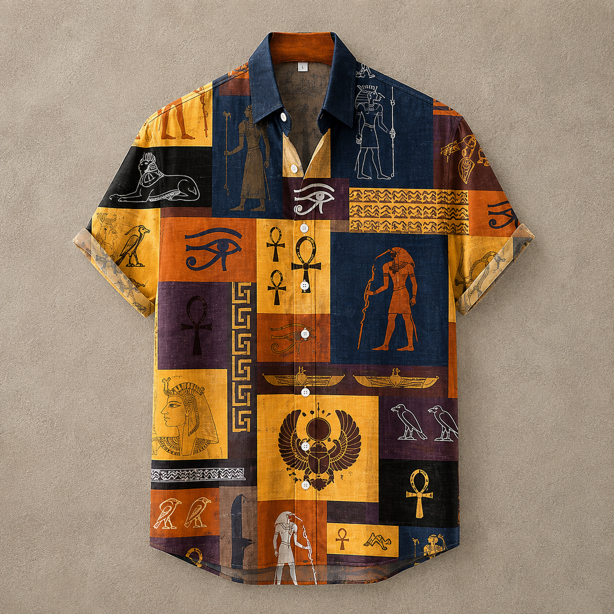 A short-sleeve button-up shirt with an Egyptian-themed patchwork print, featuring various ancient symbols, pharaohs, and ankh signs in shades of navy blue, mustard yellow, brown, and purple, laid flat against a textured beige background.