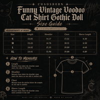 Size guide for a 'Funny Vintage Voodoo Cat Shirt Gothic Doll' with measurements and illustrations on a dark background. Chaos Born