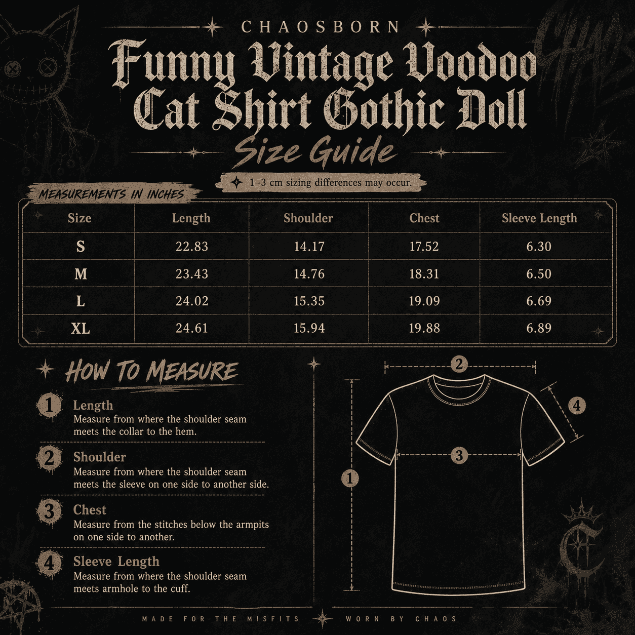 Size guide for a 'Funny Vintage Voodoo Cat Shirt Gothic Doll' with measurements and illustrations on a dark background. Chaos Born