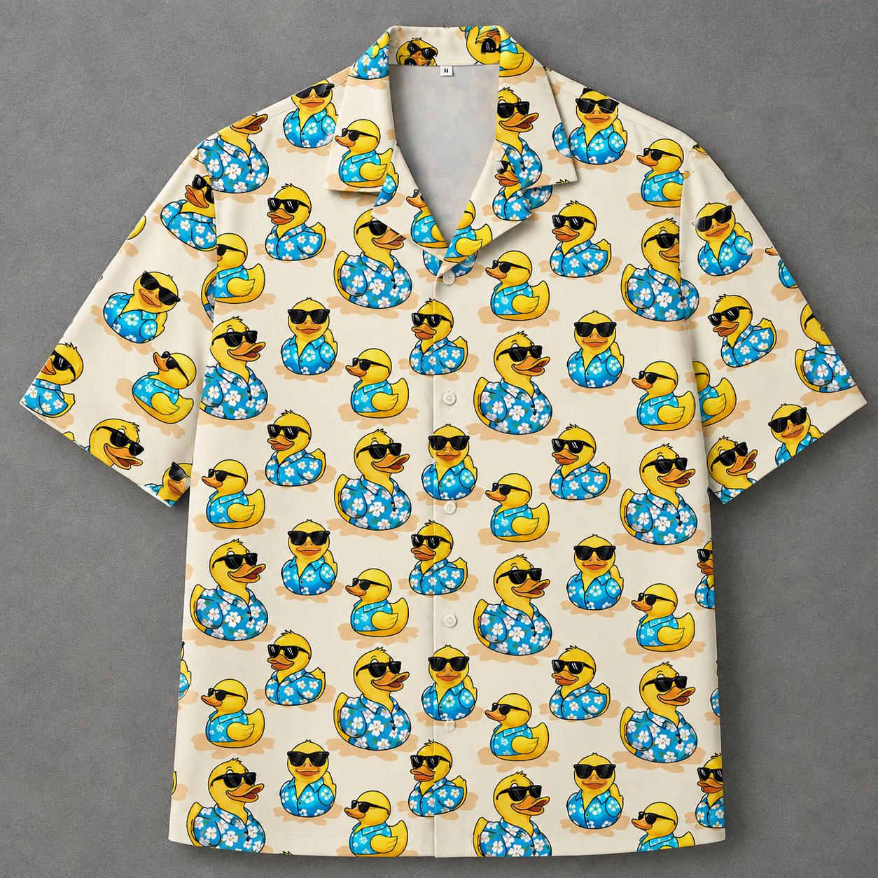 A short-sleeve button-up camp shirt with an all-over print of cartoon yellow rubber ducks wearing blue Hawaiian shirts and black sunglasses, displayed flat on a gray background.