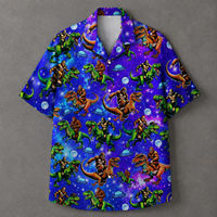A short-sleeve button-up camp shirt with a vibrant purple and blue space print featuring cartoon gorillas riding green and brown dinosaurs, set against a solid gray background.