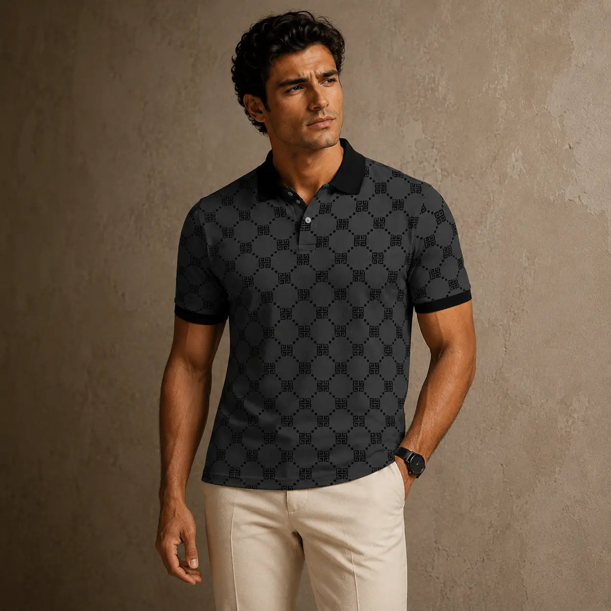 Man wearing a black patterned polo shirt and beige pants against a beige background