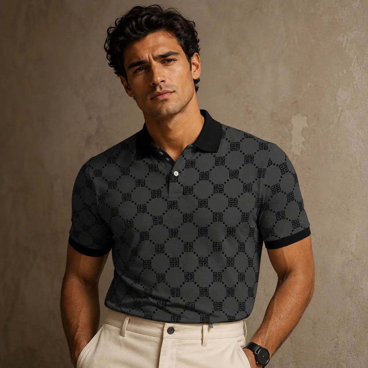 Man wearing a black patterned polo shirt against a brown background