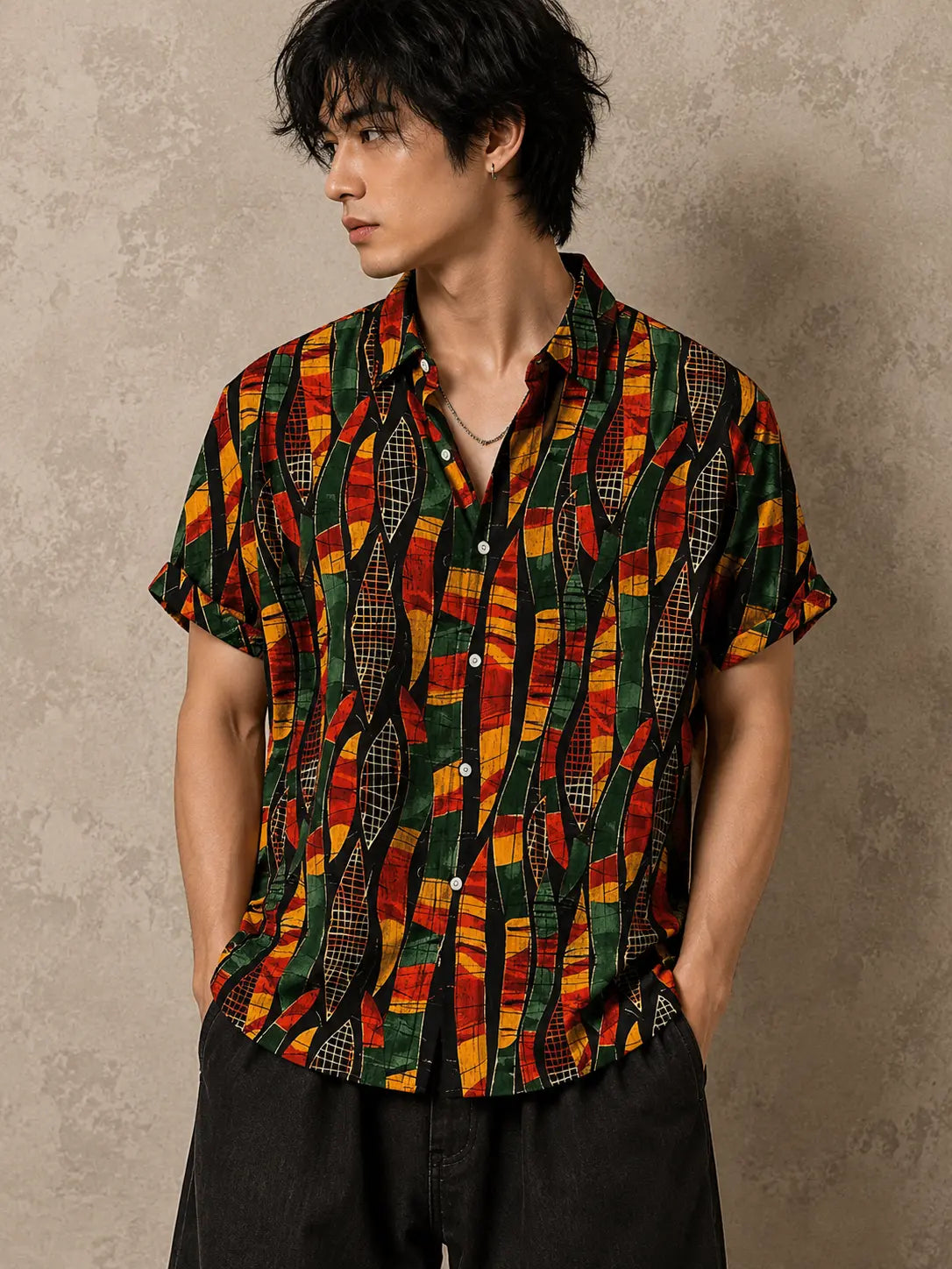 Geometric Shirt Mens Vintage Tribal Camp Collar Shirt Chaosbornwear