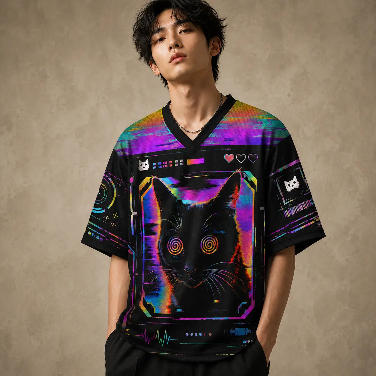 Glitch Cat EXE Cyber Neon Jersey Shirt System Error 420 Chaosbornwear