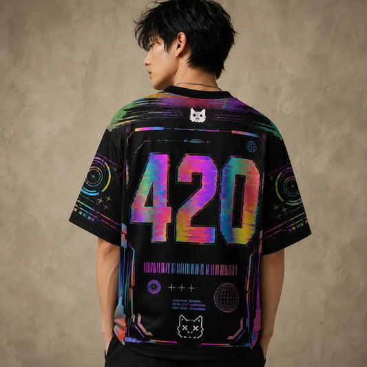 Glitch Cat EXE Cyber Neon Jersey Shirt System Error 420 Chaosbornwear
